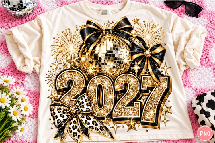 2027 New Year Disco Ball PNG | Black Gold Leopard Bow Party example image 1