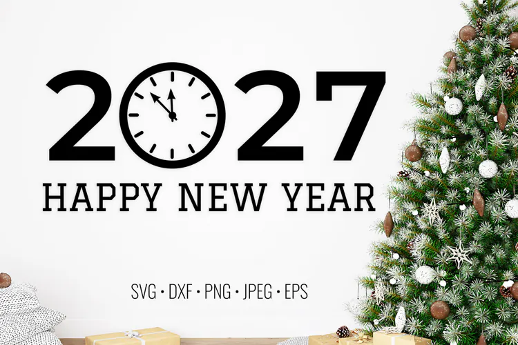 Happy New Year 2027 with clock SVG. Holidays shirt design.