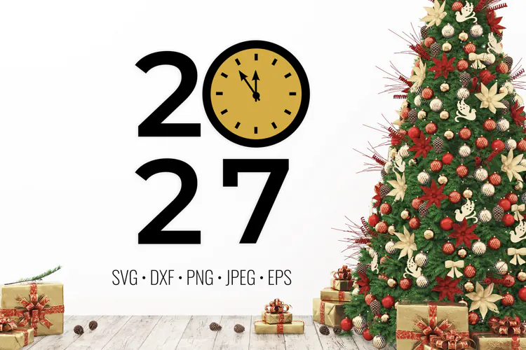 2027 with clock. New Year shirt design. Holidays card SVG