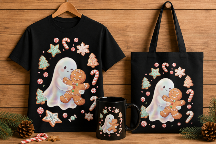 Cute Ghost Hugging Gingerbread Cookie Holiday Art Print