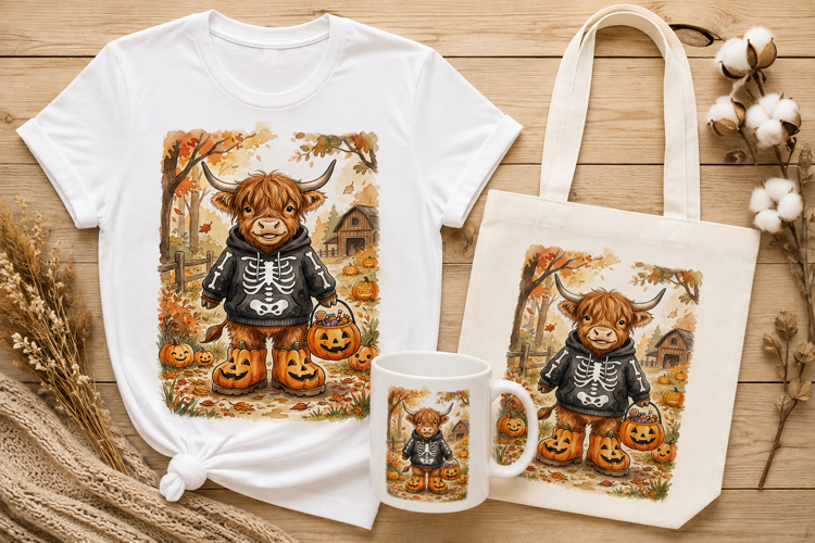 Highland Cow Skeleton Hoodie Pumpkin Trick or Treat Art