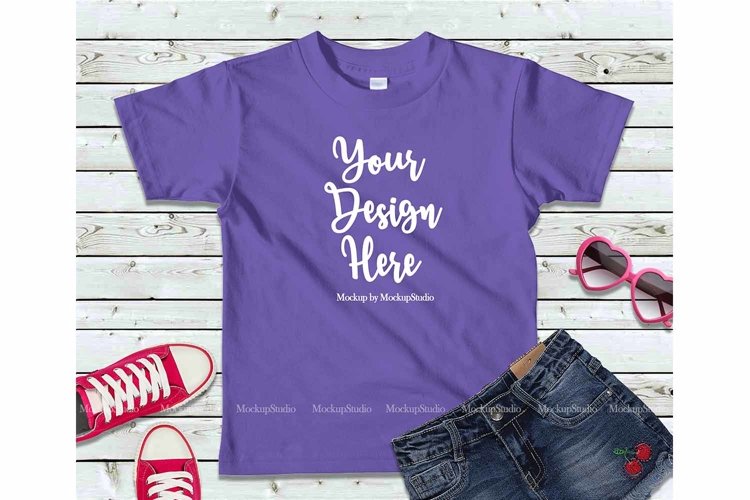 Girls Puple Tshirt Mock Up Kids Teen Flat Lay Tee Display example image 1