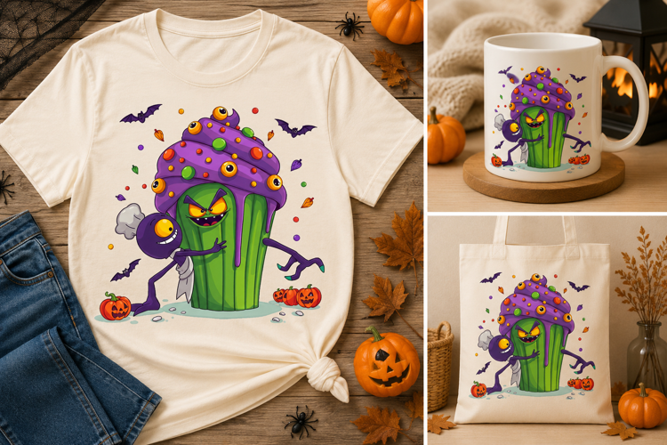 Halloween Cactus Cupcake PNG | Spooky Monster Dessert Design