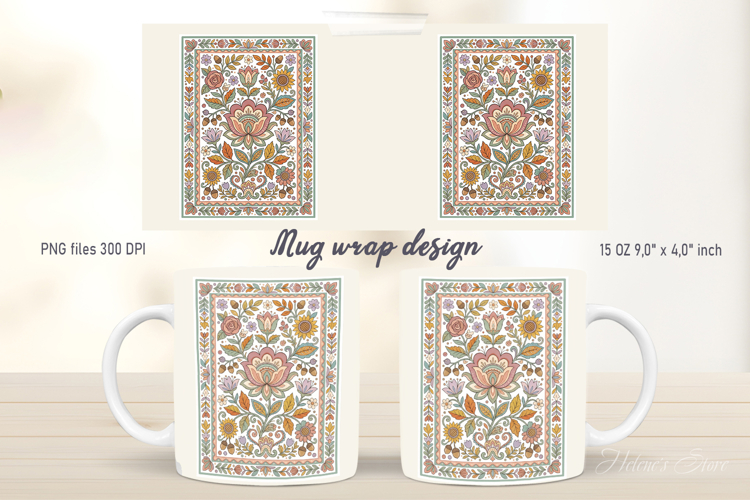 Fall floral pattern mug wrap design png| Cute autumn flowers