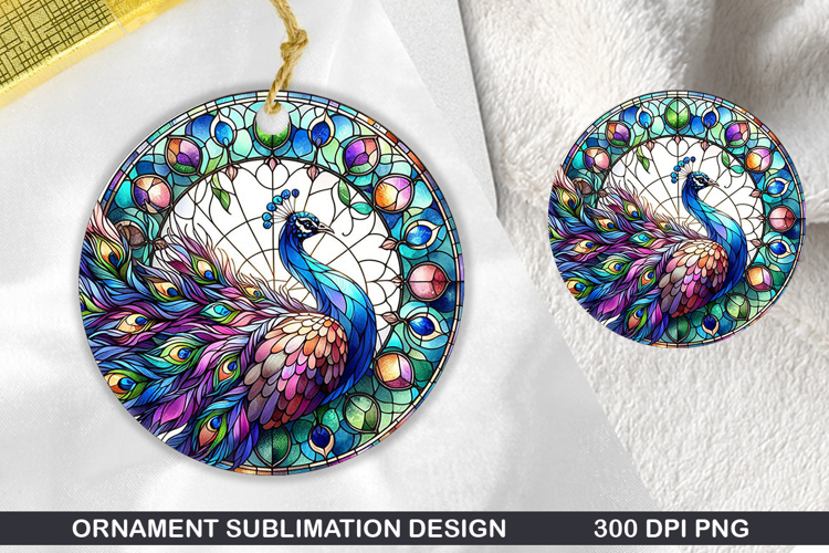 Feacock Stained Glass Ornament PNG, Sublimation PNG Design