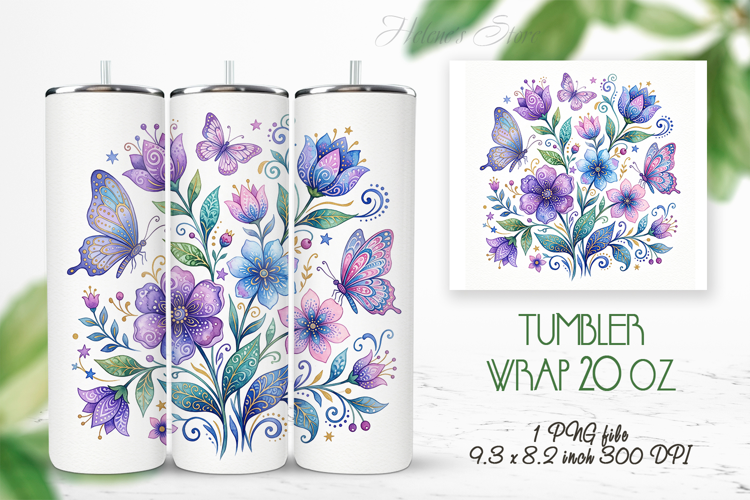 Fantasy floral meadow straight tumbler 20oz wrap design png