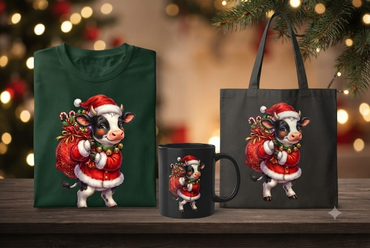 Cute Santa Cow PNG | Christmas Farm Animal Sublimation Desig