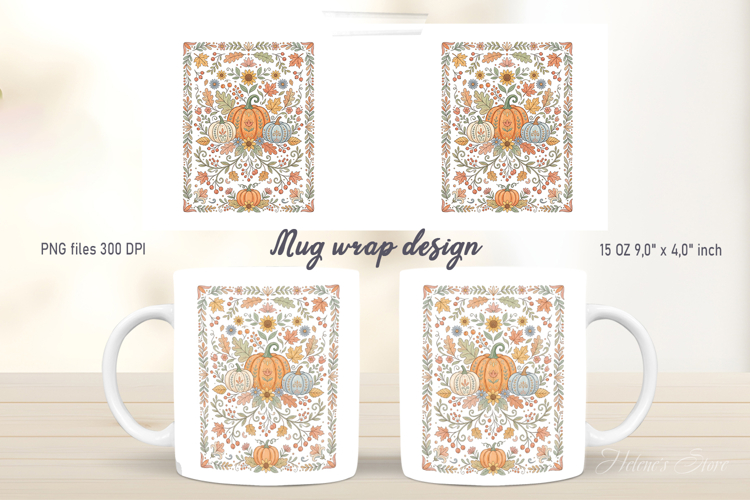 Pumpkin pattern mug wrap design png | Cute autumn flowers
