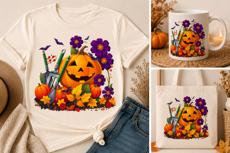 Halloween Pumpkin Gardening PNG | Floral Bat Garden Design