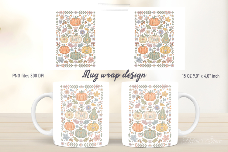 Pumpkin pattern mug wrap design png | Cute autumn flowers