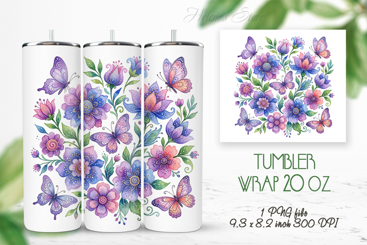 Fantasy floral meadow straight tumbler 20oz wrap design png
