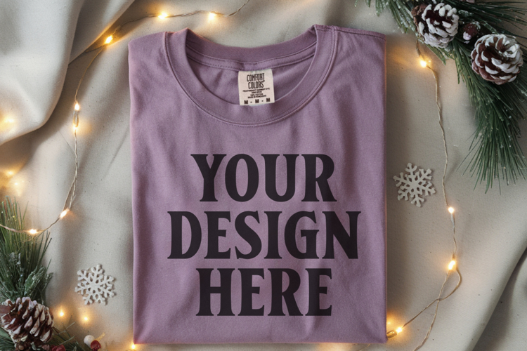 Orchid Comfort Colors 1717 Christmas Folded T-Shirt Mockup