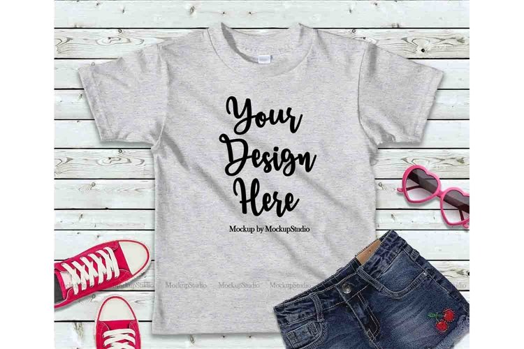 Girls Gray Tshirt Mock Up Kids Teen Flat Lay Tee Display example image 1