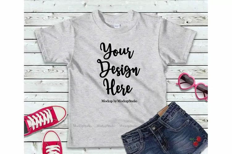 Girls Gray Tshirt Mock Up Kids Teen Flat Lay Tee Display