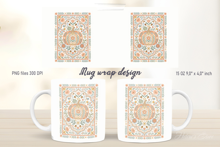 Pumpkin pattern mug wrap design png | Cute autumn flowers