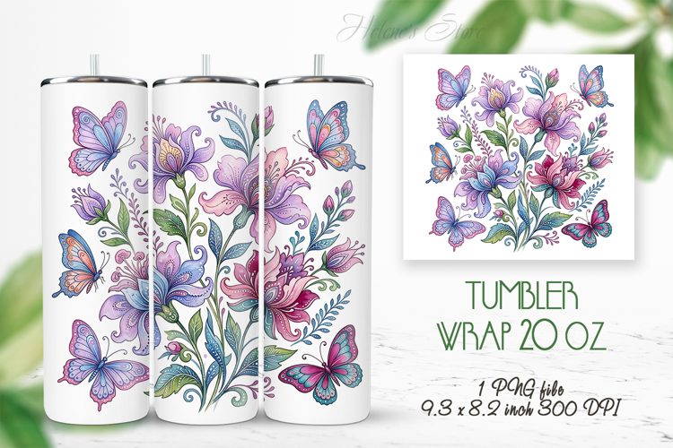 Fantasy floral meadow straight tumbler 20oz wrap design png