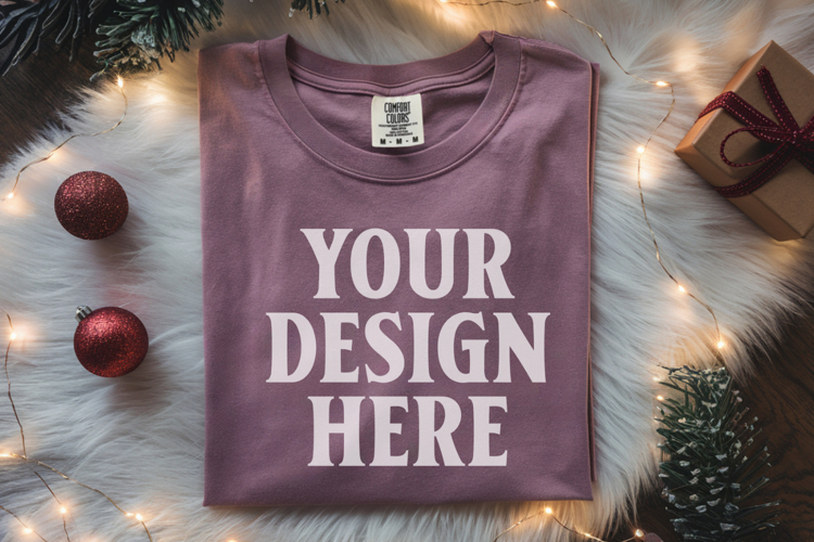 Orchid Comfort Colors 1717 Christmas Folded T-Shirt Mockup