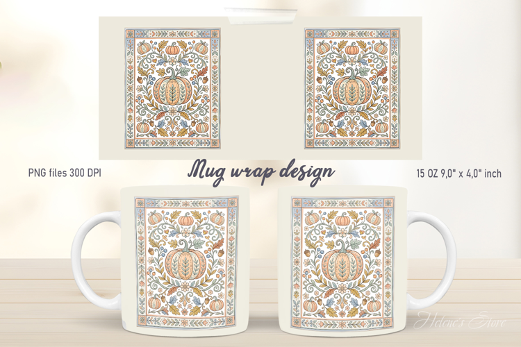 Pumpkin pattern mug wrap design png | Cute autumn flowers