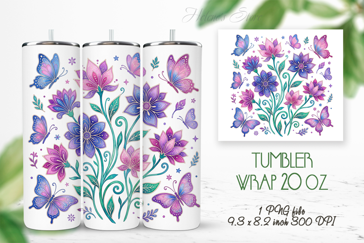 Fantasy floral meadow straight tumbler 20oz wrap design png