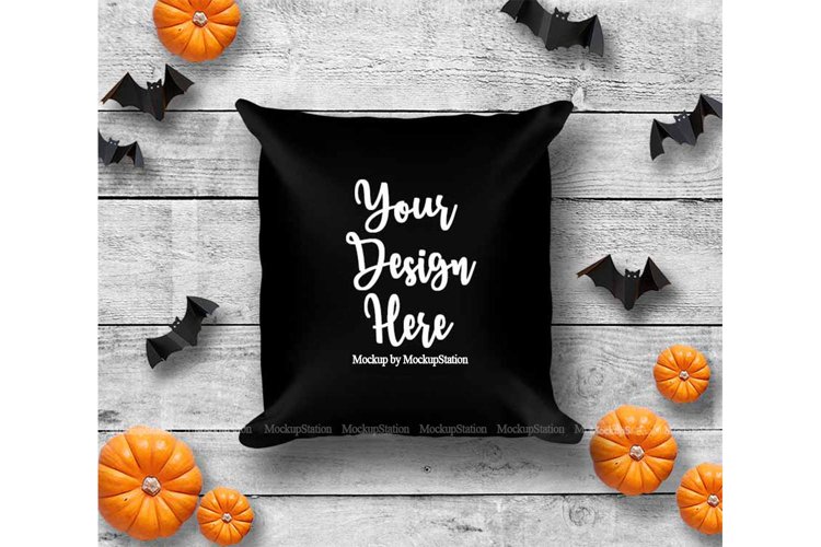 Halloween Black Throw Pillow Mockup, Square Fall Cushion example image 1