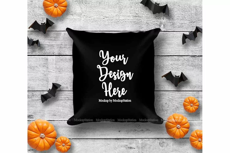 Halloween Black Throw Pillow Mockup, Square Fall Cushion