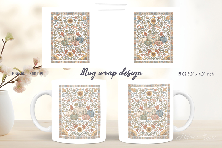 Pumpkin pattern mug wrap design png | Cute autumn flowers