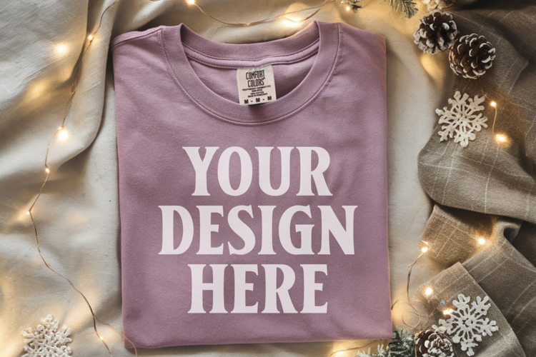 Orchid Comfort Colors 1717 Christmas Folded T-Shirt Mockup