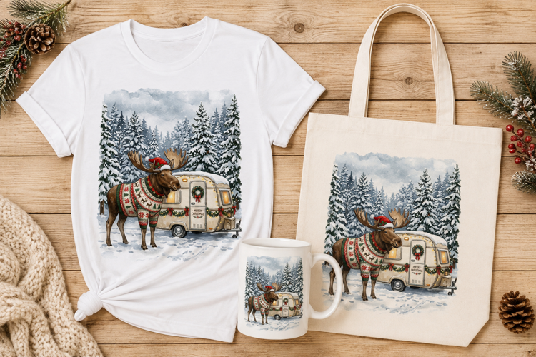 Cute Moose Christmas Sweater Retro Camper Watercolor
