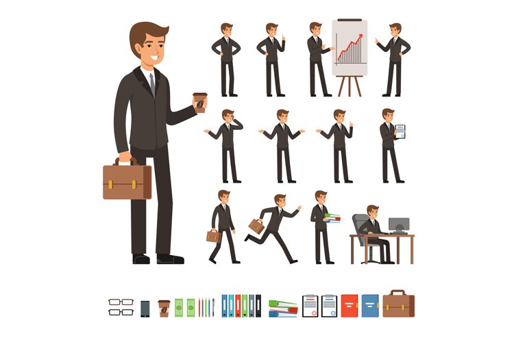 Vector set of businessman in different action poses with acc example image 1