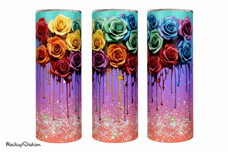 3D Rainbow Dripping Roses Tumbler Wrap PNG | Sublimation