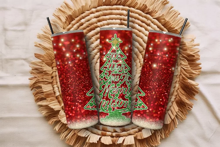20oz Christmas Tree Tumbler Red Glitter Bokeh Tumbler Wrap