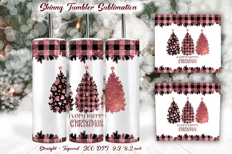 20Oz Skinny Tumbler Sublimation design pink Christmas trees