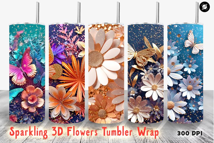 Sparkling 3D Flowers Tumbler Wrap PNG Bundle Sublimation