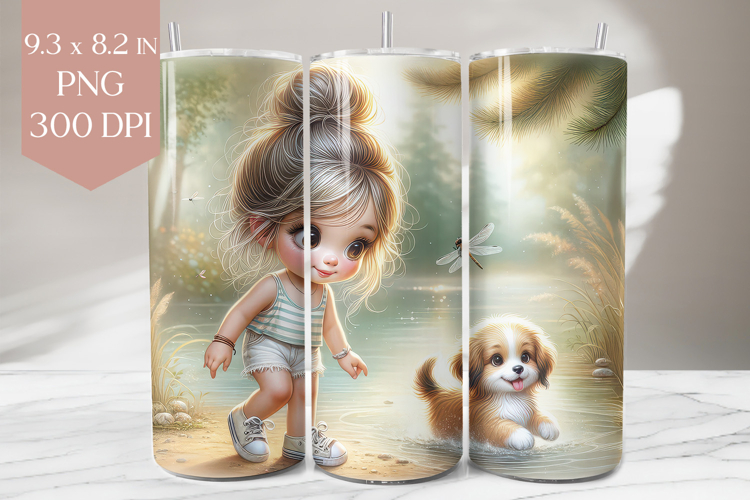 Whimsical Girl and Puppy Tumbler Wrap PNG