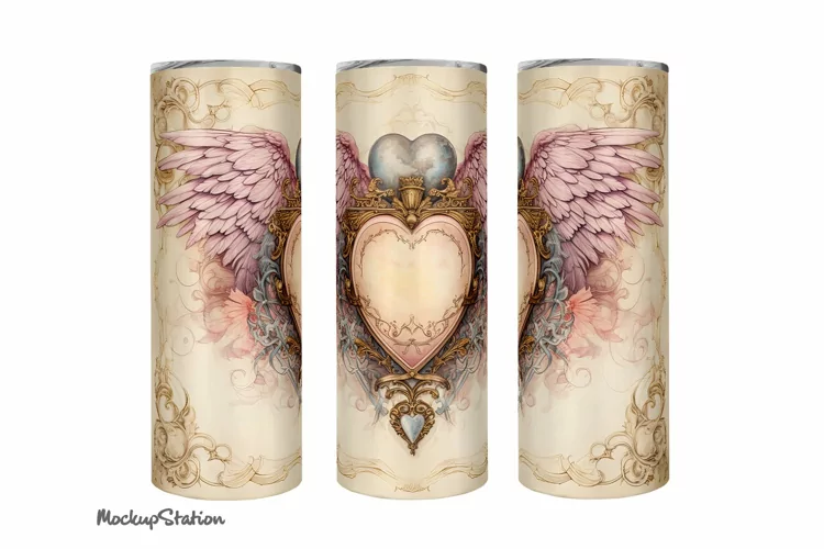 Romantic Tumbler Wrap for 20oz | Pink Heart and Wings PNG