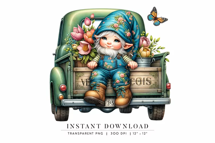 Adorable Gnome on Vintage Truck with Flowers Clipart PNG