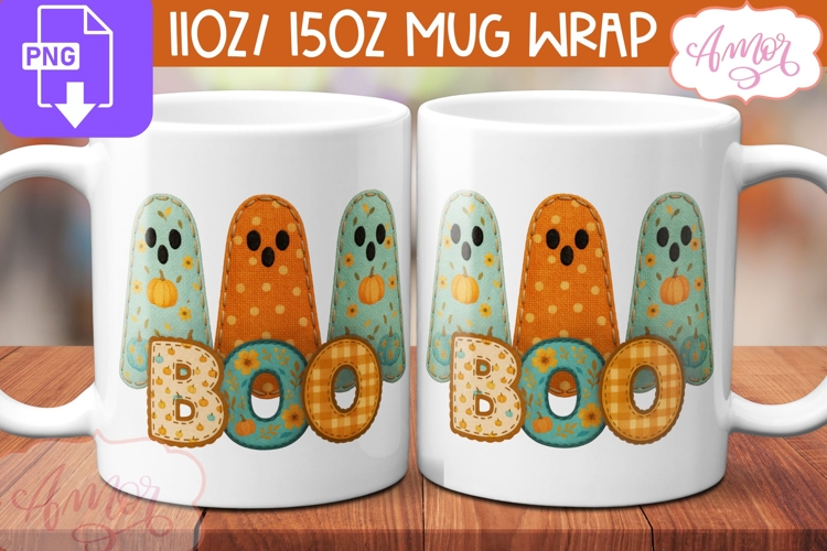 Boo mug wrap sublimation, Fall ghosts mug template