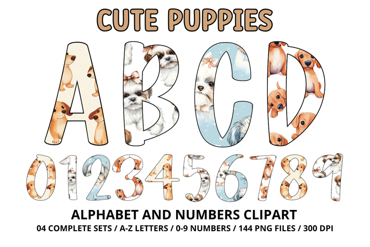 Cute Puppies Alphabet PNG, watercolor Letters & Numbers