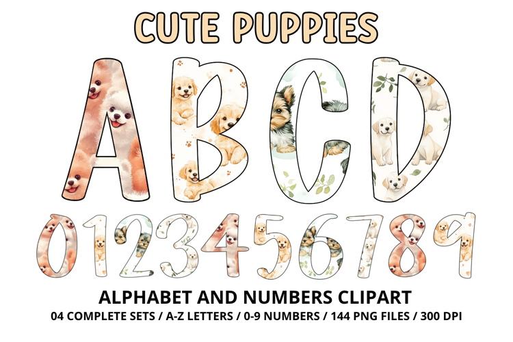 Cute Puppies Alphabet PNG, watercolor Letters & Numbers