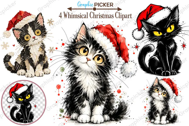 Whimsical Christmas Clipart, Christmas Cat Sublimation