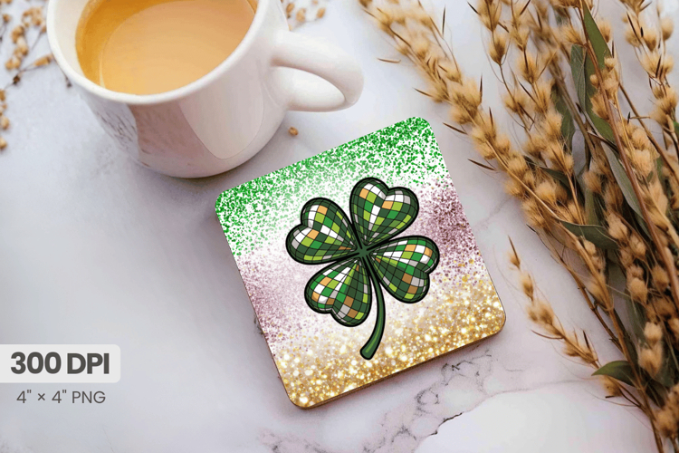 Glitter Four Leaf Clover Square Coaster PNG Sublimation Desi