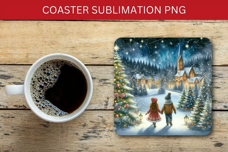 square coaster - christmas village with children