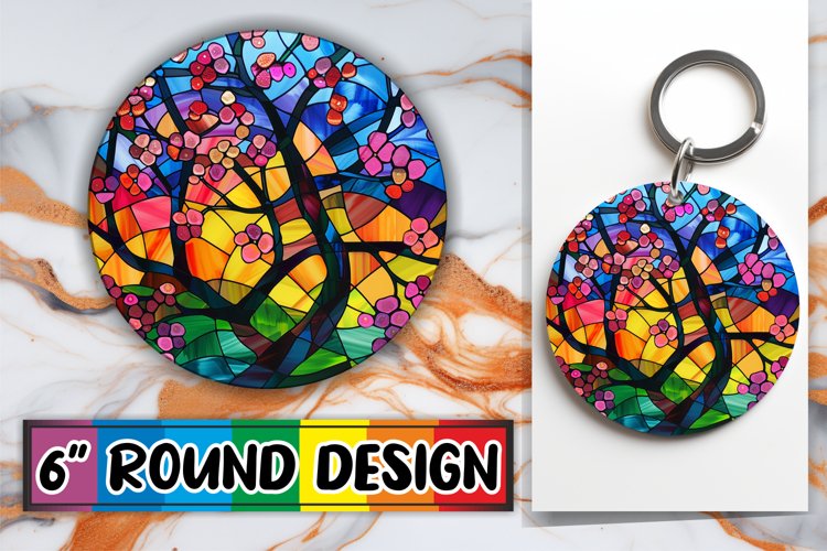 Colorful Stained Glass Tree Keychain Sublimation Round Desig example image 1