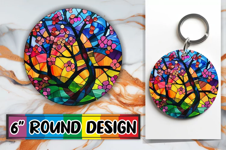 Colorful Stained Glass Tree Keychain Sublimation Round Desig