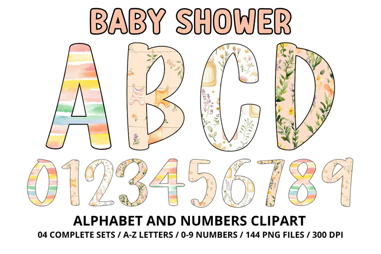 Baby Shower Watercolor Alphabet and Numbers Clipart PNG