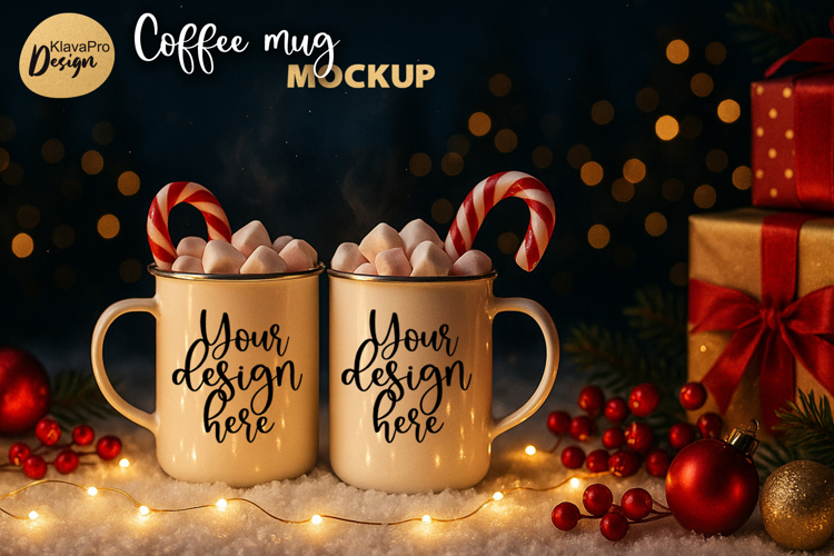 Two Christmas Mug Mockup | Holiday Enamel Cups | PNG JPG