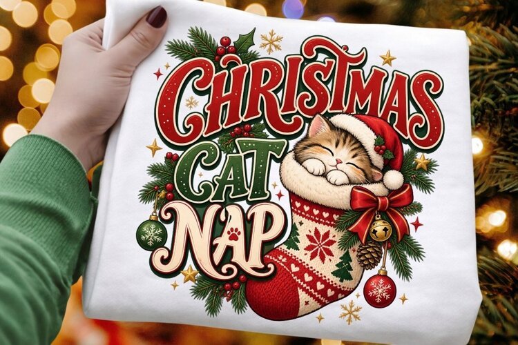 Christmas Cat Nap PNG - Cute Kitten in Stocking Holiday example image 1