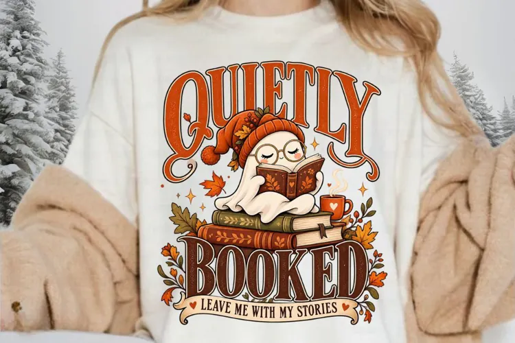 Cozy Ghost Reading Books PNG, Autumn Bookworm Sublimation