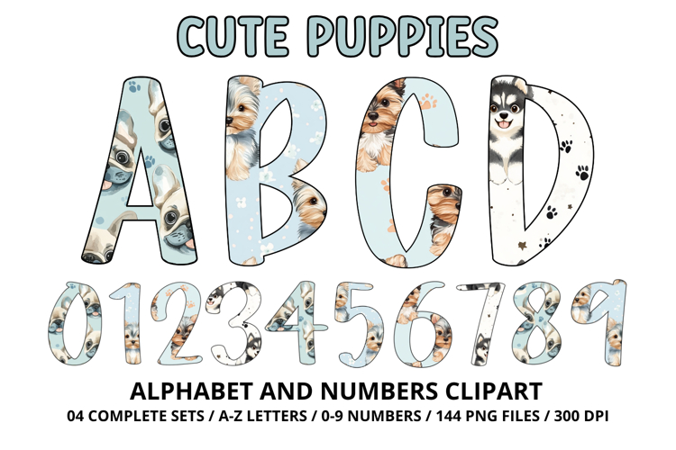 Cute Puppies Alphabet PNG, watercolor Letters & Numbers