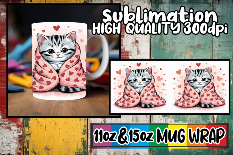 Luminous vibes sublimation mug wrap, Valentines Cat